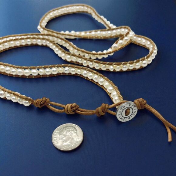 Victoria Emerson Pearl Wrap Bracelet Brown Leather Cord Boho Adjustable 36" - Picture 6 of 7